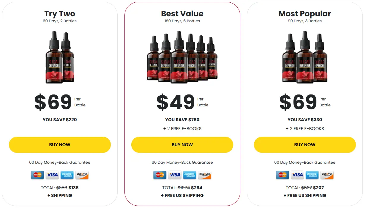 Sugar Defender price and bottle package options with 60-day money-back guarantee