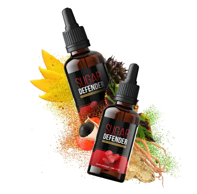 Sugar Defender supplement bottles surrounded by the natural ingredients used in the formula